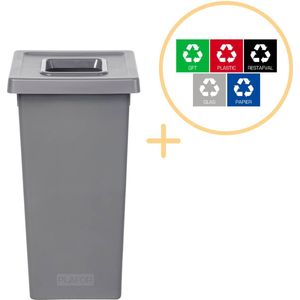 Plafor Fit Bin, Prullenbak voor afvalscheiding - 75L – Grijs - Inclusief 5-delige Stickerset - Afvalbak voor gemakkelijk Afval Scheiden en Recycling - Afvalemmer - Vuilnisbak voor Huishouden, Keuken en Kantoor - Afvalbakken - Recyclen
