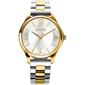 ZINZI Classy Mini horloge 30mm zilverkleurige wijzerplaat goudkleurige stalen kast en bicolor band ziw1233