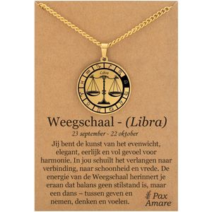 Sterrenbeeld Weegschaal (Libra) Ketting op Cadeau Kaartje - Goudkleurig - Roestvrij Staal Zodiac Talisman - Stainless Steel - 60cm - Pax Amare