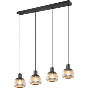 TRIO TARIFA - Hanglamp - Zwart mat - Industrieel Rookglas - excl. 4x E27 4 W - Plafondbevestiging - In hoogte verstelbaar