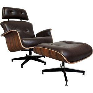 Lounge Chair + Hocker - Fauteuil - Stoel - Leer - Relax - Mokka Bruin