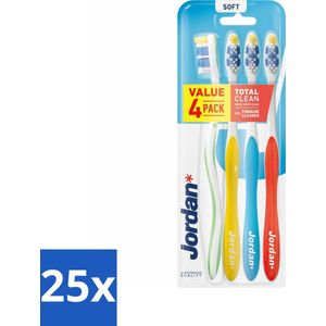 25 x Jordan Tandenborstel Total Clean Soft 4-pack 4 stuks per verpakking - Tongschraper - Frisse Adem - Tandplak Verwijderen