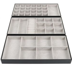 Belle Vous 3 Pak Zwarte Faux Lederen Stapelbare Sieraden Organizer Opslag Rekken - 18 x 36 x 3,6 cm - Kastlade Display Dozen voor Ringen, Armbanden & Oorbellen