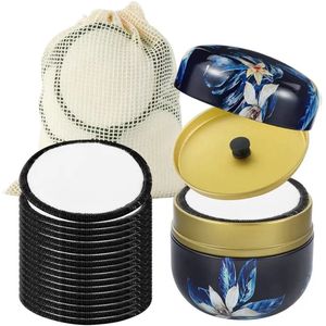 wasbare wattenschijfjes - herbruikbare wattenschijfjes - katoen - in mooi bewaarblik en was zakje - zwart met bloemmotief