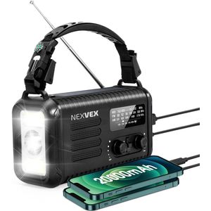 Nexvex® Pulse 2X Noodradio Powerbank 20000mAh - Solar Powerbank Zonneenergie - Noodpakket - Survival Kit Kamperen - Militaire Zaklamp LED Oplaadbaar - Draagbare Radio Wandelen - Leeslamp - Nood Kompas - Opwindbaar - Zonnepaneel - Noodrantsoen - Zwart