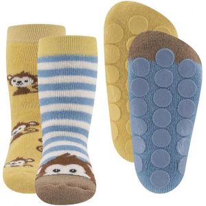Ewers Anti slip sokken set van 2 paar aapjes - blauw/geel - maat 18-19