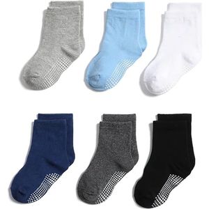 Baby Sokken - 6 Paar - Maat XL - Baby Sokjes - Antislip Sokken - Enkelsokken - Slofsokken - Warme Sokken - Voor Pasgeboren, Zwangere vrouwen en Baby Cadeau - 5-7 Jaar Oud - Katon - Lichtgrijs, lichtblauw, wit, donkergrijs, donkerblauw en zwart