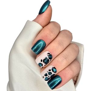 SD Press on Nails - B255 - Plaknagels met nagellijm - Kort Recht Square Kunstnagels - Groen Blauw Leopard - Set 20 Kunstnagels handgemaakt van gellak - Nail Art - Beauty - Manicure - Nails at home - Nageltips - Nepnagels - Accessoires voor haar