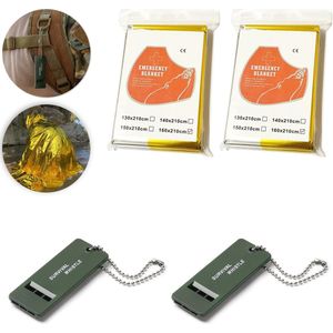 Colorful Sun® Survival Kit: Noodfluit + Reddingsdeken - Noodfluit x 2 + Reddingsdeken x 2 (160x210cm, Goud/Zilver) - Voor Outdoor Avonturen, Wandelen, Kamperen en Noodsituaties - Thermische Isolatiedeken en Luide Alarmfluit met Sleutelkoord