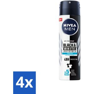 4 x NIVEA Men Deodorant Spray Invisible for Black & White Fresh 150 ml - NIVEA MEN Deodorant - Anti-transpirant - Deodorant Spray - 48 Uur Bescherming - Anti-vlek