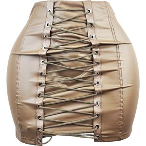 Rok - maat L/XL - Nep leer veter sluiting rok Bruin - Stretch