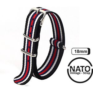 18mm Premium Nato Strap Zwart Rood Blauw Wit  - Vintage James Bond - Nato Strap collectie - Mannen - Horlogeband - 18 mm bandbreedte voor oa. Seiko Rolex Omega Casio en Citizen