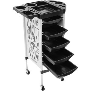 Salon Trolley - Kapperstrolley - Kappers Kar - Gereedschap Kar - Wit - Zwart - 5 Lades