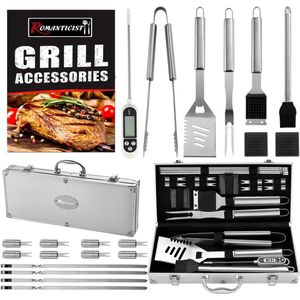BBQ Set 21 delig + BBQ thermometer - BBQ Accessoires - BBQ Tang - BBQ Borstel - Grillmat - Met Luxe Opbergkoffer