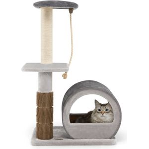 COSTWAY Krabpaal klein, 92 cm, kattenboom met hol van bamboe, kattenkrabpaal met krabplank & verzorgingsborstel & bal & pluche zitting, klimboom voor katten, kattenmeubel, activiteitsboom