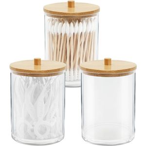 3 stuks acryl Qtip-houders met bamboe hoezen, badkamercontainers, oogkleppen, dispensers, wattenstaafjes voor opslag badkamer, organizer