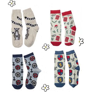 Nature Planet -kindersokken - set van 4 paar leuke sokken medival, roman, ringstaartmaki, viking (100% Oeko-tex gecertificeerd) maat 29-34