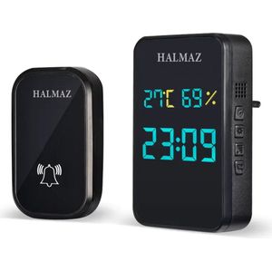 HALMAZ Draadloze deurbel – Zwart – Led verlichting - IP44 Waterdicht – 38 Melodieën – Bereik 200 meter – Tijd - Temperatuur - Luchtvochtigheid - 1 ontvanger