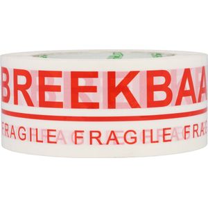 Dappaz Fragile Tape Breekbaar 5 cm x 100 meter Rood/Wit Plakband - 1 Rol Verhuistape