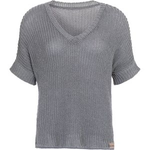 Knit Factory Daisy Gebreide Dames Top - Trui met korte mouwen - Gebreide t-shirt - T-shirt - Shirt gemaakt van 80% gerecyceld katoen - Duurzaam & milieuvriendelijk - Korte mouw - V-hals - Licht Grijs - 36/44