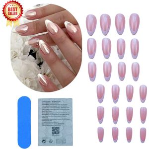 GUAPÀ® Plaknagels | 24 stuks valse nagels | Press On Nails | Zelfklevende Plaknagels | Nepnagels | Kunstnagels | Compleet plaknagels starterspakket | Nagels stickers | 24 stuks plaknagels French Manicure Chrome Effect