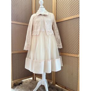 luxe feestjurk met korte geborduurde jas, handtas, haardiadeem-galajurk-vintage jurk met kanten jas-bruiloft-communie-fotoshoot-champagne beige-katoen- 8 tem 9 jaar maat 134