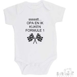 100% katoenen Romper ""ssssstt Opa en ik kijken Formule 1"" Unisex Katoen Wit/zwart Maat 56/62