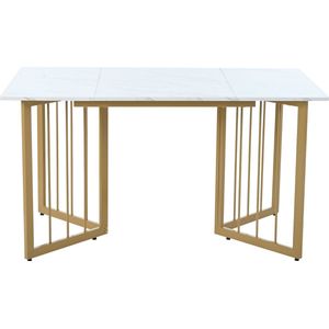 Merax Eettafel 140x80x75 cm - Moderne Tafel in Marmerlook - Keukentafel met Verstelbare Metalen Poten - Wit met Goud