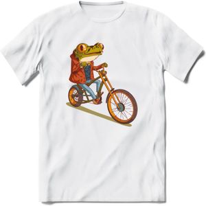 Biker kikker T-Shirt Grappig | Dieren reptiel Kleding Kado Heren / Dames | Animal Skateboard Cadeau shirt - Wit - M
