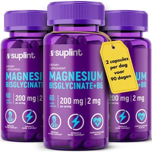 Magnesium Bisglycinaat met B6 – 3x60 Capsules – Vermoeidheid - Stress - Spierkrampen - Slaap – Hoog opneembaar - Maagvriendelijk – Magnesium Capsules - Suplint