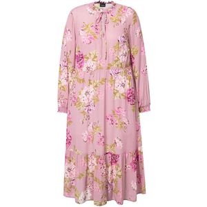 MIAMODA - Dames - Midi-jurk A-lijn bloemenpatroon kraag met ruches - Roze - Maat 46
