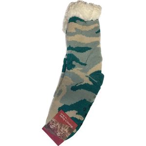 Huissokken - Camouflage - Combat - Heerlijk warm - Antislip Zool - Gevoerd met Imitatie wol - Maat: 36-41 - Groen/Ecru