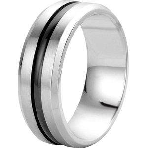 Lucardi Heren Ring met zwarte band - Ring - Cadeau - Staal - Zilverkleurig