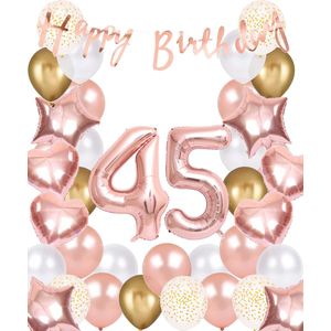 Snoes Ballonnen 45 Jaar Rose Gold White Dots - Compleet Feestpakket met cijfer ballon 45 jaar - Verjaardag Versiering Slinger Happy Birthday – Folieballon – Latex Ballonnen - Helium Ballonnen - Rose Feestpakket