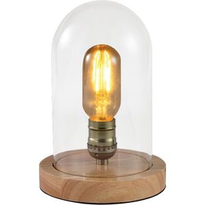 QUVIO Lamp - Tafellamp - Glazen stolp en houten voet - Diameter 15 cm