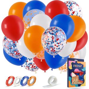 Fissaly 40 stuks Rood, Wit, Blauw & Oranje Helium Ballonnen met Lint – Koningsdag - Verjaardag Versiering Decoratie – Papieren Confetti – Latex