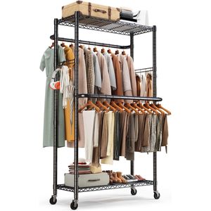 Dubbele kledingstandaard met wieltjes - In hoogte verstelbare planken - Zwart