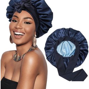 Nivard Zijden Slaapmuts - Satijnen Nachtmuts - Silk Bonnet - Sleep Cap - Haarverzorging - Satin - Verstelbaar - Voor Zacht & Stralend Haar - Blauw