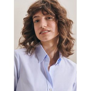 Dames blouse v-hals wit met lichtblauwe streepjes  volwassen lange mouw strijkarm katoen maat 42