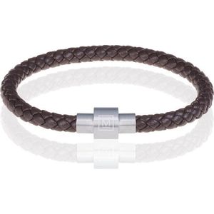 Memphis armband leer met edelstaal Donkerbruin Zilverkleurig-24cm