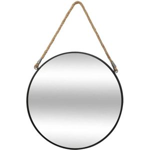 Ronde wandspiegel met touw - 38 cm - zwart/naturel