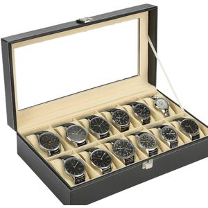Lomera Horlogebox voor 12 Horloges - Zwarte Horlogebox - PU Kunstleer - Transparant Venster - Clipsluiting - Opbergdoos voor Horloges - Horlogekist - Sieradendoos voor Horloges - Luxe Horlogebox - Horlogebox Heren - Horlogebox Dames