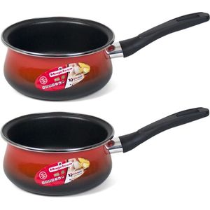 Set van 2x stuks sauspan/juspan rood met anti-aanbaklaag 16 cm - Steelpan voor saus en jus - Steelpannetje