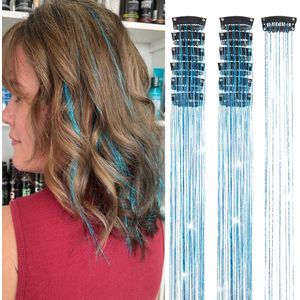 2 x clip-in LICHTBLAUWE Hair Tinsels - Glitter Extensions - Glitterhaar - Glitter Haar Extensions - clip extensions lichtblauw