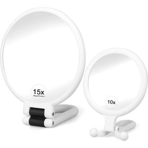 Vergroting Make-up Spiegel Set - 2 Dubbelzijdige Handspiegels met 1X, 10X, en 15X Vergroting - Draagbare Opvouwbare Cosmetische Spiegels voor Thuis en Reizen