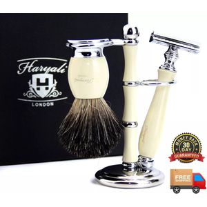 Scheerset voor mannen met DE Safety Razor, scheerkwast en scheerstandaard in gebroken witte kleur, scheerset voor herenverzorging