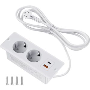 Inbouwstopcontact met 2 USB A en 1 Type-C - 4 in 1 - Tafelstopcontact met meervoudig stopcontact - Tafelblad verzonken drievoudige stekkerdoos - 2 m kabel - Inbouwstekkerdoos voor tafelblad werkblad
