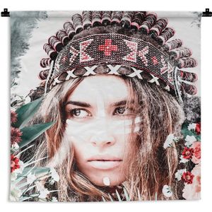 Wandkleed - Wanddoek - Vrouw - Bloemen - Indianentooi - Rozen - Bloemen - 120x120 cm - Wandtapijt