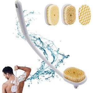 Lange steel rugborstel voor douchen - afneembare rugrubber - senioren mannen vrouwen