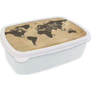 Broodtrommel Wit - Lunchbox - Brooddoos - Wereldkaart - Just Go - Vintage - 18x12x6 cm - Volwassenen